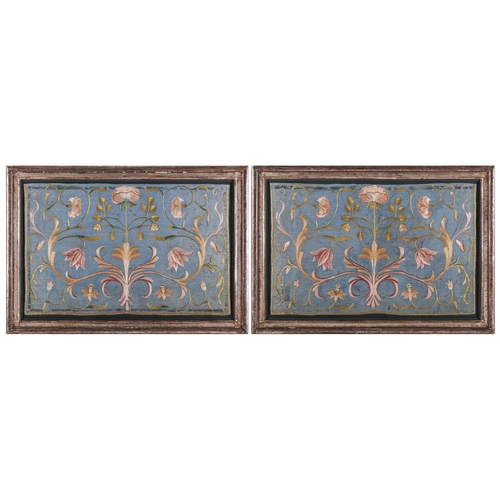 341 - A pair of mid eighteenth century Italian embroidered silk needlework panels depicting floral scrolli... 