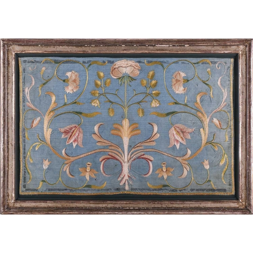 341 - A pair of mid eighteenth century Italian embroidered silk needlework panels depicting floral scrolli... 