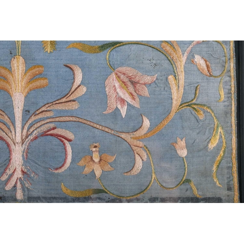 341 - A pair of mid eighteenth century Italian embroidered silk needlework panels depicting floral scrolli... 