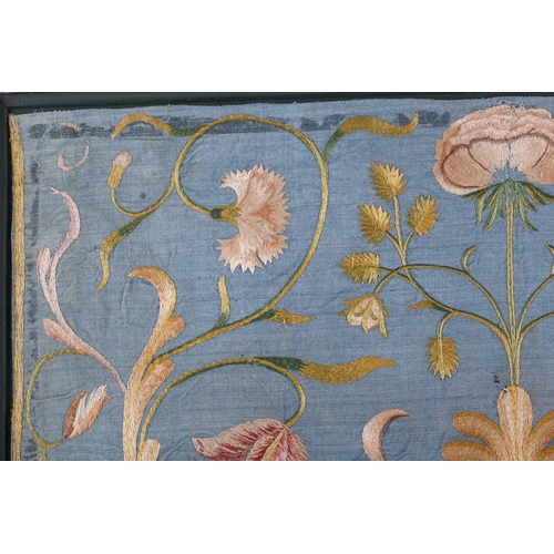 341 - A pair of mid eighteenth century Italian embroidered silk needlework panels depicting floral scrolli... 