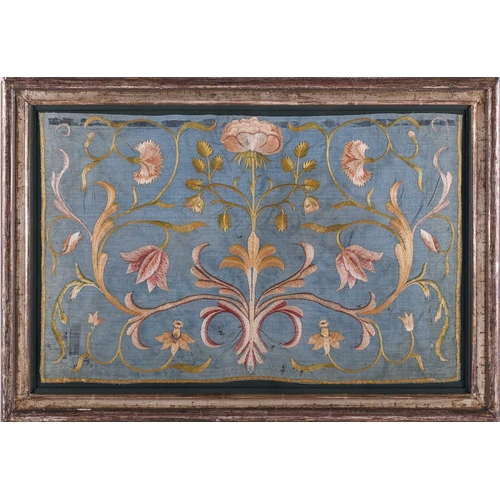 341 - A pair of mid eighteenth century Italian embroidered silk needlework panels depicting floral scrolli... 