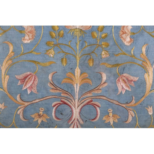 341 - A pair of mid eighteenth century Italian embroidered silk needlework panels depicting floral scrolli... 