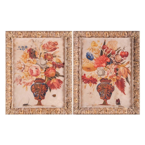 342 - A pair of painted vellum panels depicting ornate vases of flowers with insects, possibly 17th centur... 