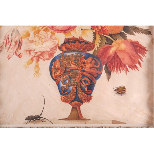 342 - A pair of painted vellum panels depicting ornate vases of flowers with insects, possibly 17th centur... 