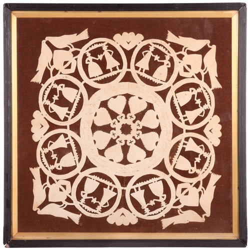 343 - Two late eighteenth-century framed Valentine's paper cuttings in the folk art tradition containing h... 