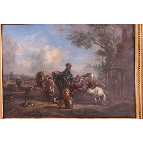 7 - Manner of Pieter Wouwerman (1623 - 1682), Cavaliers with horses at rest, two oils on panels, 32 cm x... 