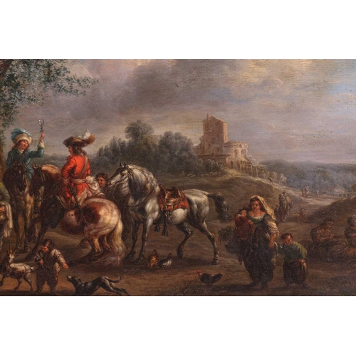 7 - Manner of Pieter Wouwerman (1623 - 1682), Cavaliers with horses at rest, two oils on panels, 32 cm x... 