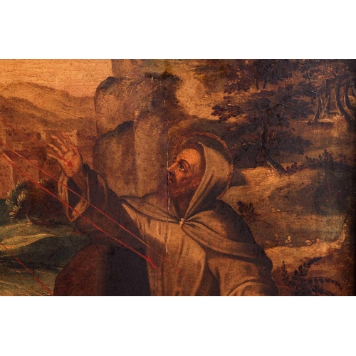 102 - 16th century Spanish School, The Stigmata of St. Francis of Assisi, unsigned, oil on panel, 81 x 64 ... 