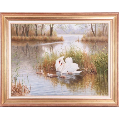 107 - † Ron Meilof (1953-2016) Dutch, A pair of swans with their cygnets, signed, oil on board, 59 x 79 cm... 