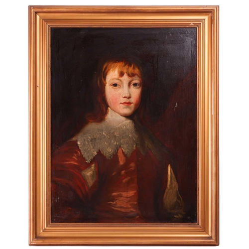 113 - 17th century style British School, portrait of a boy in a red coat and lace collar, unsigned, oil on... 