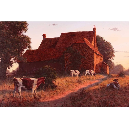 114 - † Edward Hersey (b.1948), Dusk landscape with farmhouse and cattle, signed, oil on canvas, 51 x 76 c... 