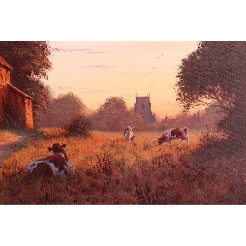 114 - † Edward Hersey (b.1948), Dusk landscape with farmhouse and cattle, signed, oil on canvas, 51 x 76 c... 