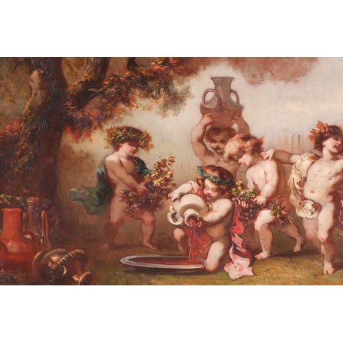 123 - Charles Voillemot (1822-1893) French, putti preparing wine, signed, oil on panel, 35 cm x 56.5 cm in... 