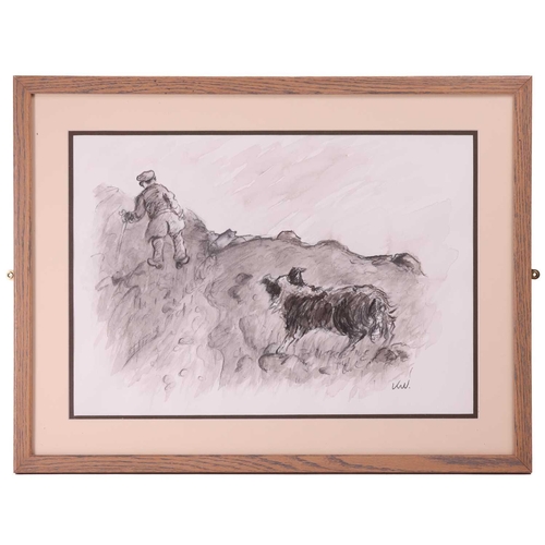 137 - Manner of Sir Kyffin Williams (1918 - 2006), Shepherd followed by his dog, bears initials KW, charco... 