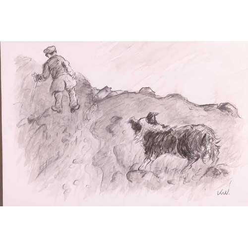 137 - Manner of Sir Kyffin Williams (1918 - 2006), Shepherd followed by his dog, bears initials KW, charco... 