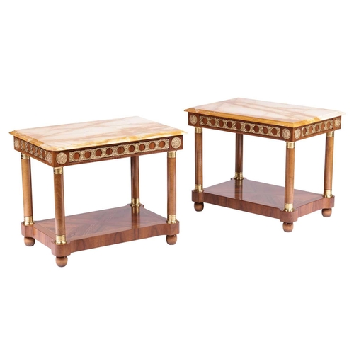 161 - A pair of 20th century Louis XVI style rectangular low-side tables with marble effect tops and gilt ... 