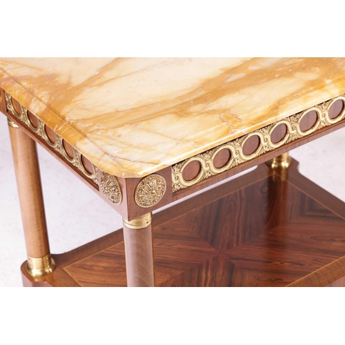 161 - A pair of 20th century Louis XVI style rectangular low-side tables with marble effect tops and gilt ... 