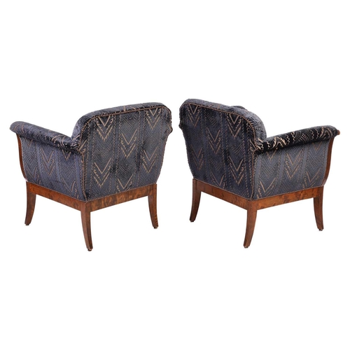 163 - A pair of Biedermeier-style figured birch armchairs, 20th century, of lyre form with stuff over blue... 