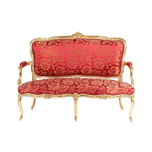 164 - A 20th century Louis XV-style canape settee, with carved and molded wood and gilt gesso outline, stu... 