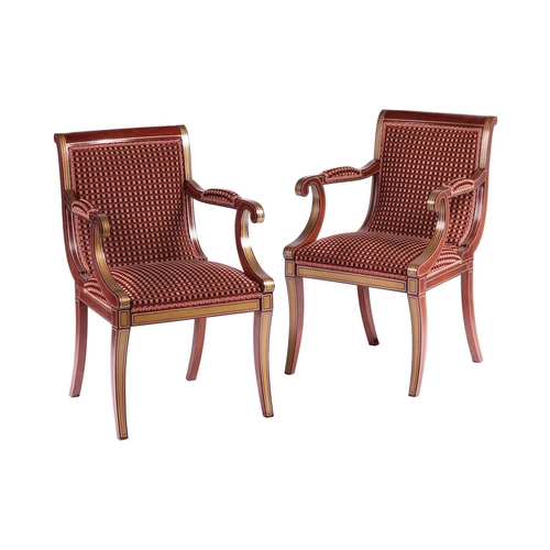 179 - A pair of 20th century mahogany effect Regency style scroll arm elbow chairs with faux inlaid, stuff... 