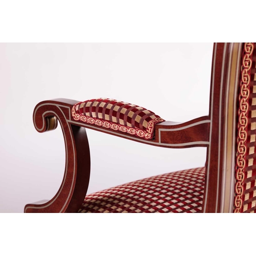 179 - A pair of 20th century mahogany effect Regency style scroll arm elbow chairs with faux inlaid, stuff... 