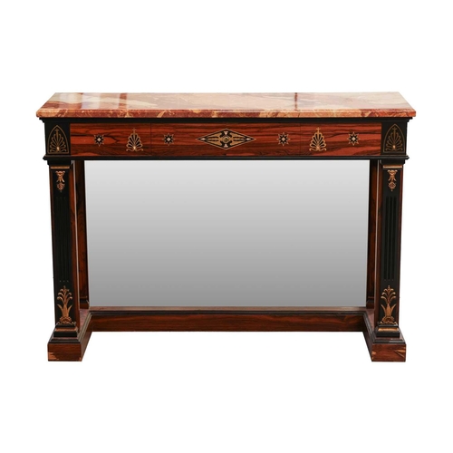 184 - A 20th century French Empire style marble-topped brass marquetry inlaid zebrano side table, with a s... 