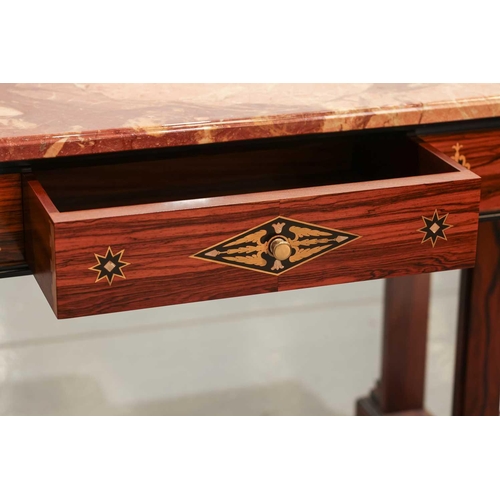 184 - A 20th century French Empire style marble-topped brass marquetry inlaid zebrano side table, with a s... 