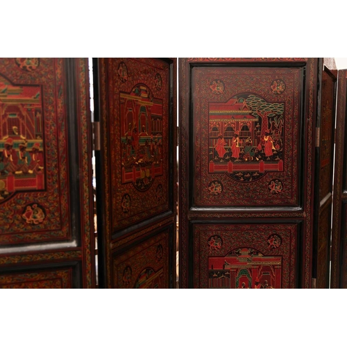 187 - A Burmese black and red lacquered five-fold boudoir screen each panel decorated with scenes of figur... 