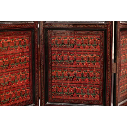 187 - A Burmese black and red lacquered five-fold boudoir screen each panel decorated with scenes of figur... 