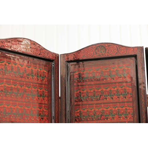 187 - A Burmese black and red lacquered five-fold boudoir screen each panel decorated with scenes of figur... 