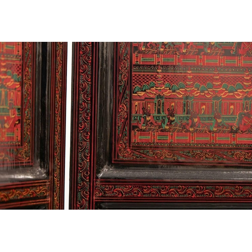 187 - A Burmese black and red lacquered five-fold boudoir screen each panel decorated with scenes of figur... 