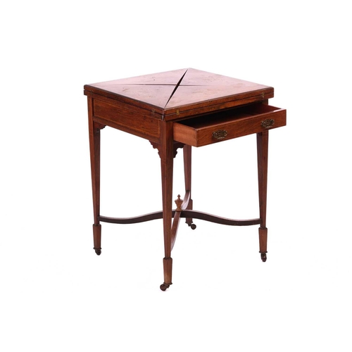 189 - A Druce & Co of London marquetry inlaid rosewood, envelope table with single, 55 cm x 55 cm x 75 cm ... 