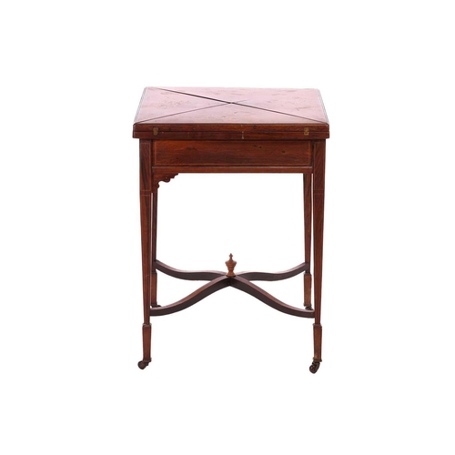 189 - A Druce & Co of London marquetry inlaid rosewood, envelope table with single, 55 cm x 55 cm x 75 cm ... 