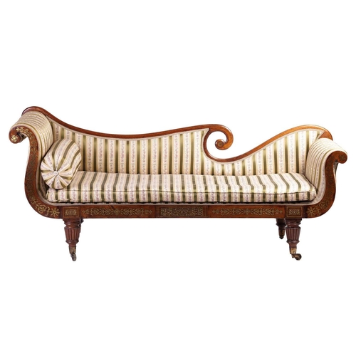 192 - In the manner of John McLean a Regency brass inlaid rosewood double scroll chaise longue, with spent... 