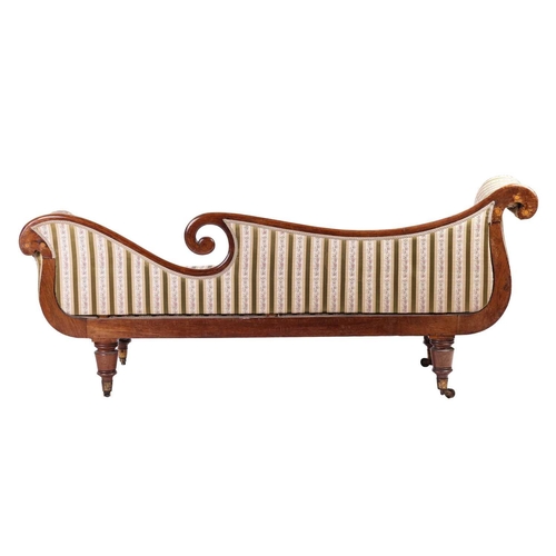 192 - In the manner of John McLean a Regency brass inlaid rosewood double scroll chaise longue, with spent... 