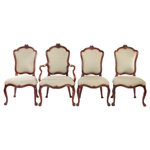 193 - A set of seven George II style walnut cartouch backed dining chairs, possibly Irish C1900, the set c... 