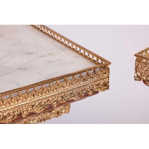 197 - A pair of 20th century marble effect gallery-topped Louis XVI style pedestals, gilt metal mounts thr... 