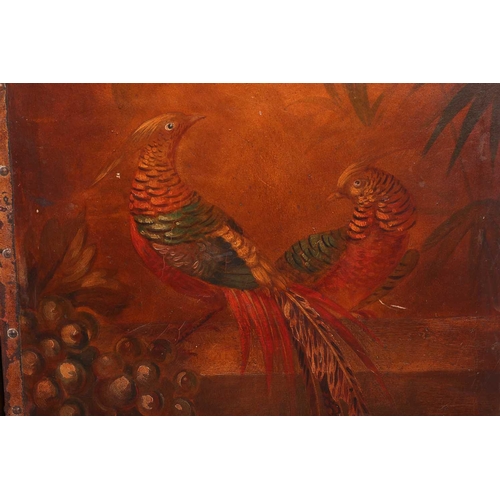 198 - An early 19thcentury threefold boudoir screen, painted with pheasants in romantic Palladian landscap... 