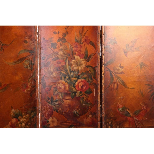 198 - An early 19thcentury threefold boudoir screen, painted with pheasants in romantic Palladian landscap... 