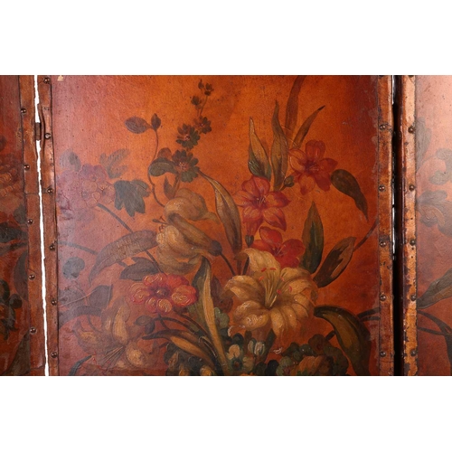 198 - An early 19thcentury threefold boudoir screen, painted with pheasants in romantic Palladian landscap... 