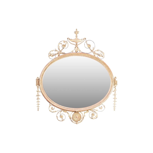 212 - An Edwardian carved and gilt gesso oval overmantel mirror with urn surmount and swag decoration. 109... 