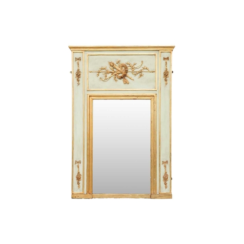 215 - A Louis XVI-style ivory-painted trumeau mirror with gilt marshall trophy decoration to the frieze, f... 