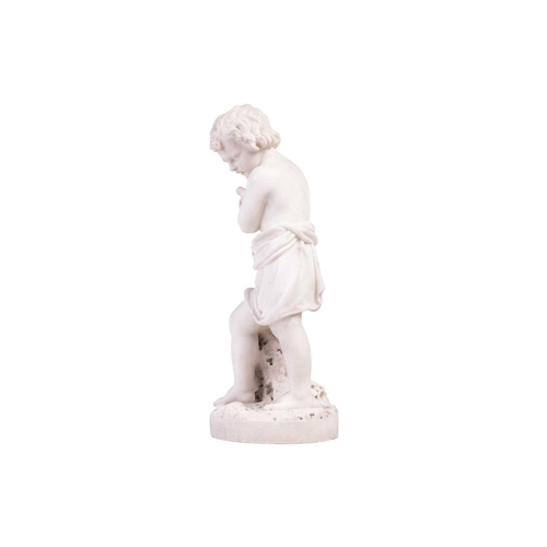 223 - In the manner of J.B Moreau; a carved carrara marble figure of a yound man clutching a dove to his b... 