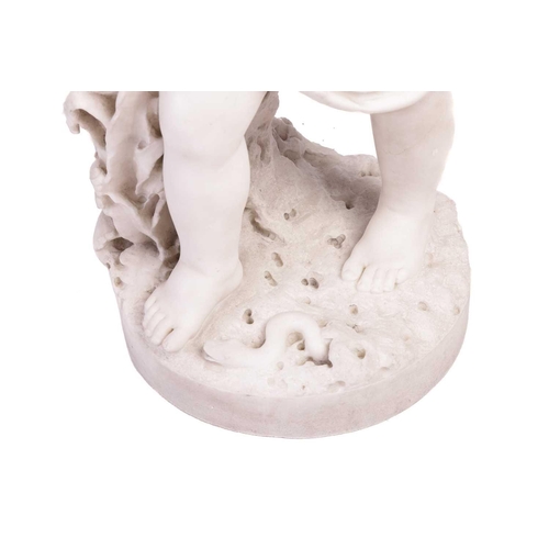 223 - In the manner of J.B Moreau; a carved carrara marble figure of a yound man clutching a dove to his b... 