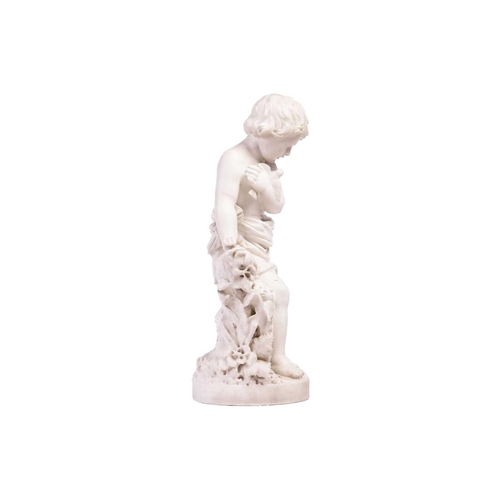 223 - In the manner of J.B Moreau; a carved carrara marble figure of a yound man clutching a dove to his b... 