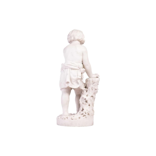 223 - In the manner of J.B Moreau; a carved carrara marble figure of a yound man clutching a dove to his b... 