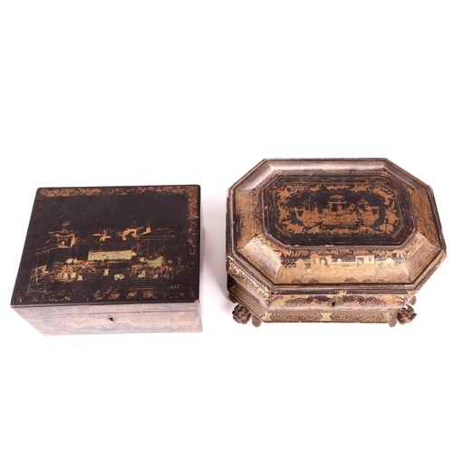 32 - A Chinese black lacquer ogee moulded two-section tea caddy, c.1800, painted with gilt Oriental lands... 