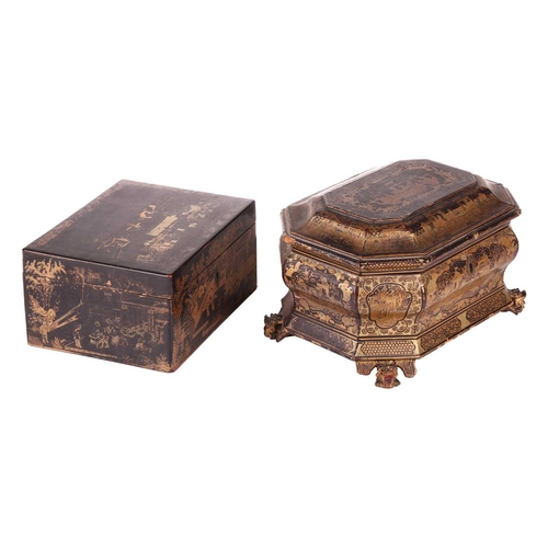 32 - A Chinese black lacquer ogee moulded two-section tea caddy, c.1800, painted with gilt Oriental lands... 