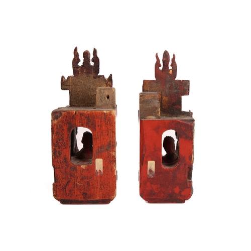 35 - A large pair of Chinese red lacquered and parcel-gilt wood architectural Dog of Foo finials, probabl... 