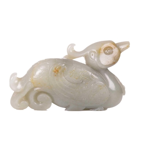 40 - A Chinese grey green carved Jade figure of a Mandarin duck, 9.5 cm long